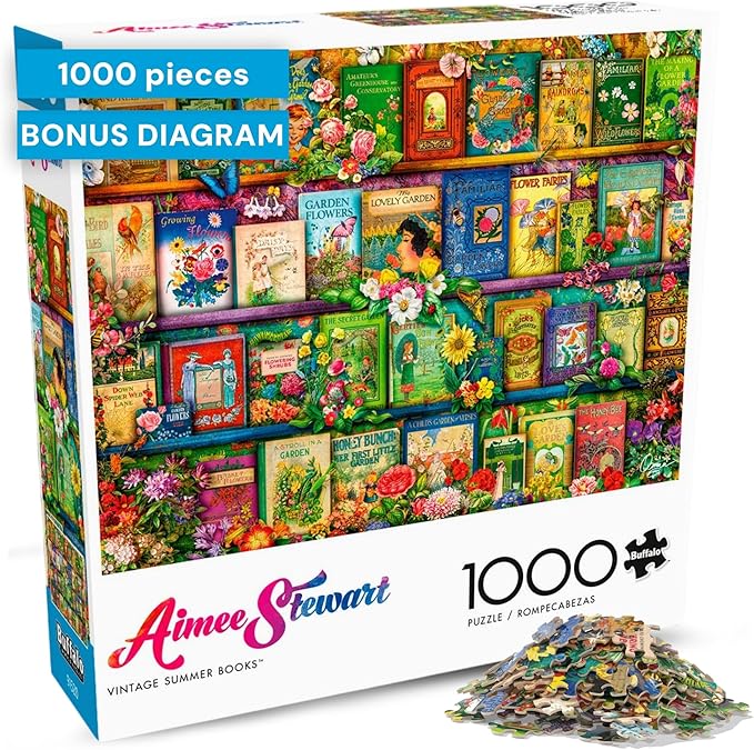 Buffalo Games - Aimee Stewart - Vintage Summer Books - 1000 Piece Jigsaw Puzzle for Adults, Colorful Library Puzzle, Vibrant Florals, Challenging Fun, Finished Size 26.75 x 19.75