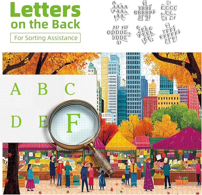 Blueforest Fall 500 Piece Puzzle for Adults - Autumn Farmers Market Shaped Jigsaw, Unique Maple Leaf Border Art & Collector's Challenge (23"x15")