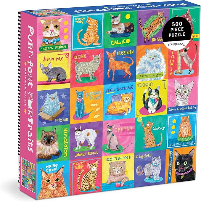 Mudpuppy Purr-FECT Portraits! – 500 Piece Family Jigsaw Puzzle with Colorful and Fun Illustrations of A Variety of Cats for Children Ages 8 and Up