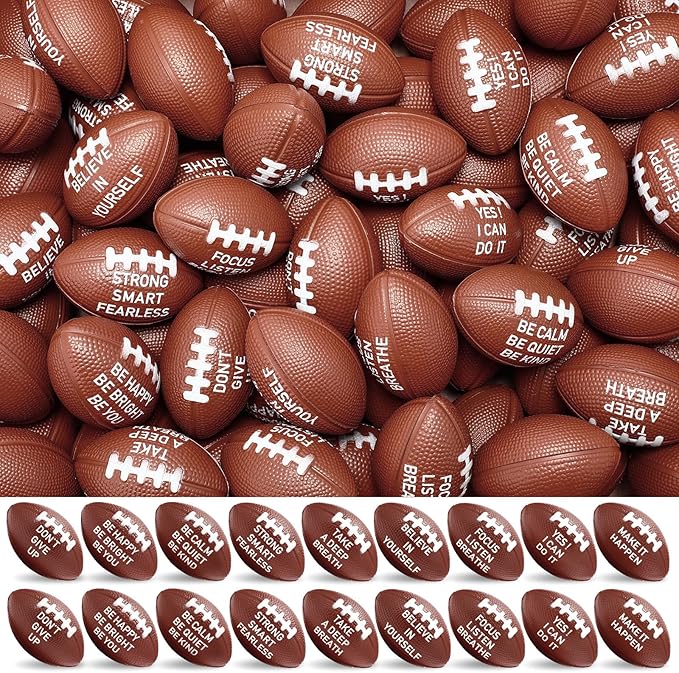 Realspring 72 Packs Mini Football Sports Stress Ball Mini Foam Footballs 2.17 Inch Stress Relief Balls with Motivational Quotes Relief Adults Encouraging for Football Themed Party, Brown, 9 Style