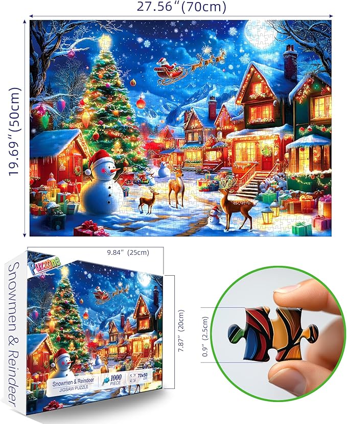 Puzzles for Adults 1000 Pieces Christmas Village Jigsaw Puzzle Snowmen and Reindeer Festive Holiday Scene with Letters on Back No Dust for Holiday Party Family Fun Decor (27.5 x 19.7 inch)
