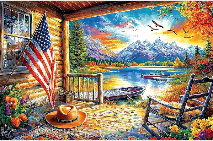 300 Piece Puzzle for Adults Beautiful Autumn Mountain Lake Scene with Lakeside Cabin, Natural Landscape & Sunset Cabin Porch View Jigsaw Puzzle for Adults & Seniors Relaxing Puzzles for Home Decor