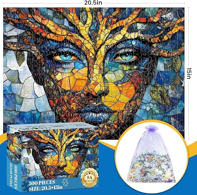 500 Piece Puzzles for Adults, Mosaic Tree Faced Woman Jigsaw Puzzles, Stained Glass Art Puzzle, Birthday for Men, Women, and Seniors, Fun and Challenging Puzzle, 20.5x15 in