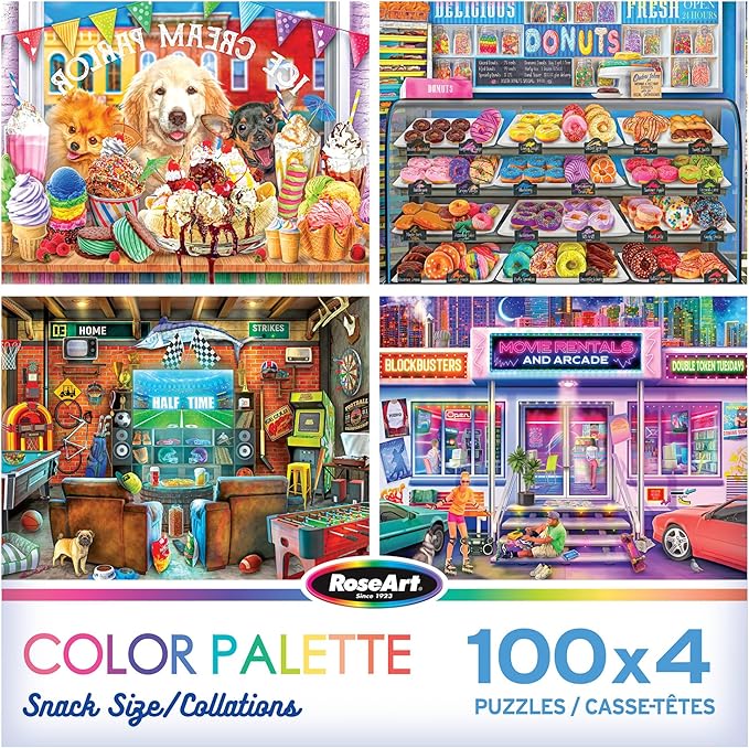 RoseArt - Snack Size Multi-Puzzle Set - Color Palette - 4 x 100 Piece Jigsaw Puzzle for Adults