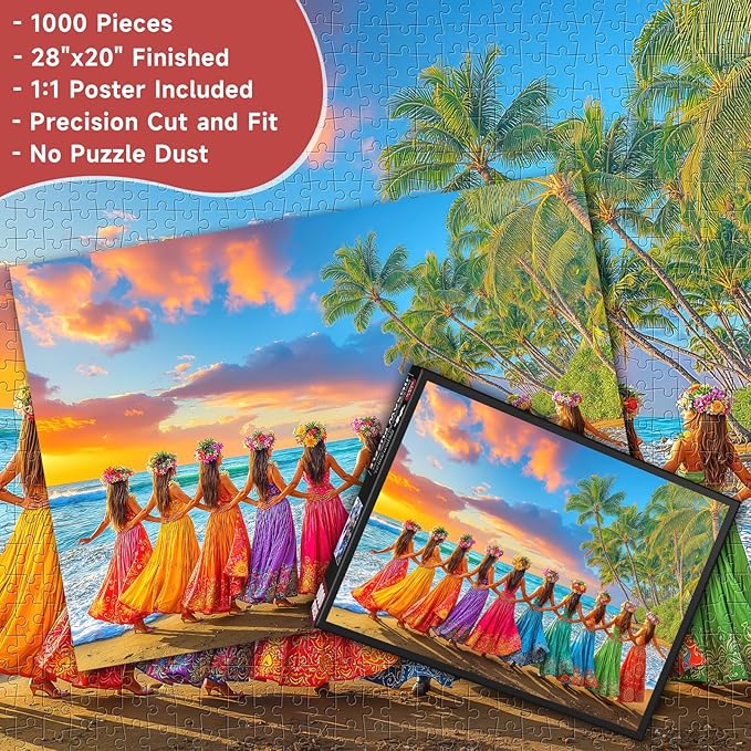 Hawaiian Hula Dancers Sunset 1000 Piece Jigsaw Puzzle for Adults - Tropical Beach Scene with Poster & Lettered Back, 28"x20" Panoramic HD Quality, Unique Gift for Travel & Nature Lovers