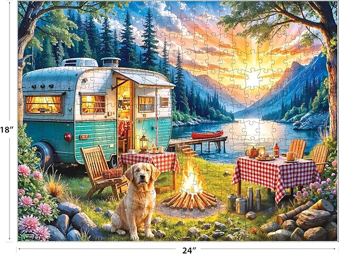RoseArt - Kodak Premium 350 Piece Puzzle - Sunset Camper with Golden Retriever, Vibrant Lakeside Scene, Jigsaw Puzzle for Adults, 24" x 18" Finished Size