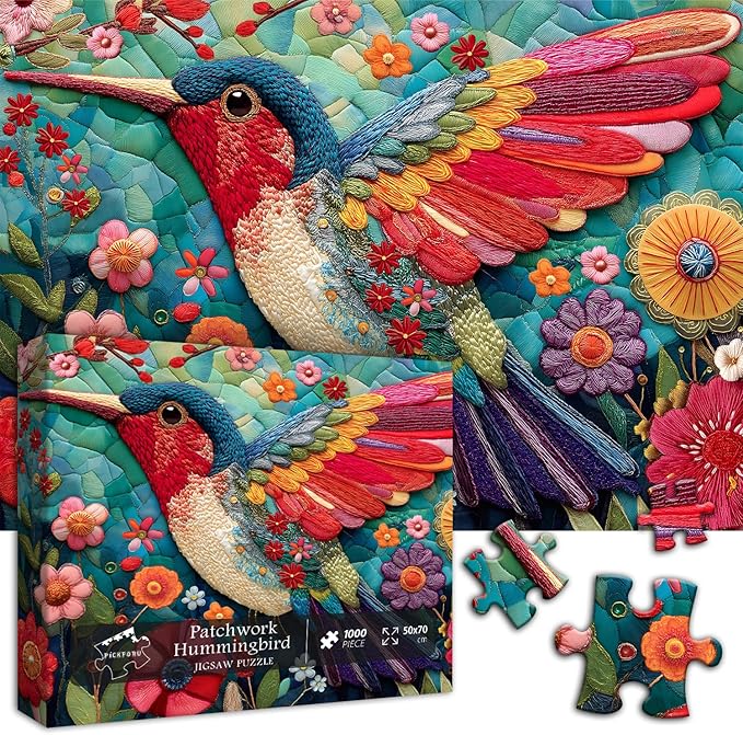 Hummingbird Puzzles for Adults 1000 Pieces, Bird Flower Garden Patchwork Art Quilt Puzzle, Beautiful Spring Floral Difficult Hard Jigsaw Puzzles with Animals, Colorful Challenging for Adults