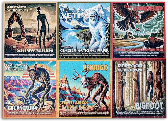 National Park Lore Cryptids Bigfoot Puzzle | 1000 Piece Puzzle | Vintage National Parks Puzzle for Adults | Blue Porcupine Puzzles