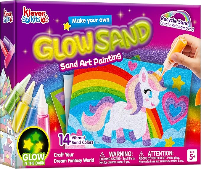 JOVA Klever Kits Glow Sand Art Kits for Kids, Glow in The Dark Sand Painting with 14 Colors, Kids Crafts, 6 Fantasy Templates & 4 DIY Sheets, Mess Free Arts and Crafts, Gifts for Girls Ages 5+