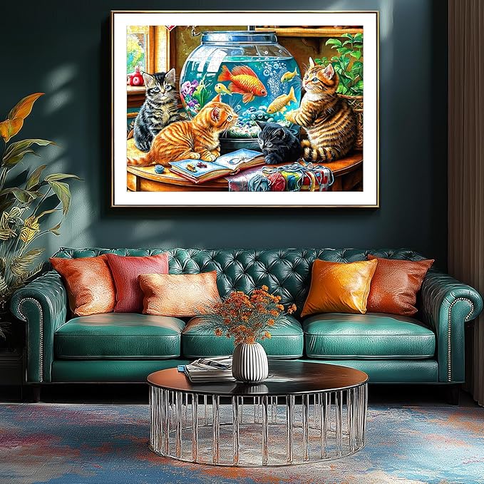 Kittens Watching Goldfish 1000 Piece Puzzle for Adults - Fish Tank Cats Jigsaw Puzzles 1000 Pieces, Unique Home Decor Art, Challenging Fun Games for Adults & Family Game Night Gift
