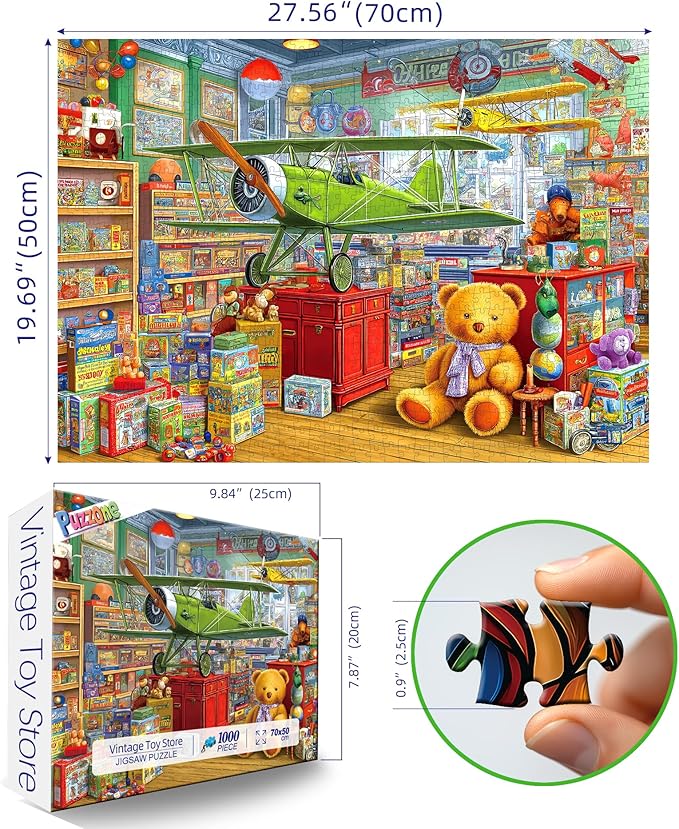 Vintage Toy Store Puzzle for Adults 1000 Piece Classic Bear and Airplane Scene Jigsaw Puzzle with Letters on Back Unique Fun Puzzle Games Gifts for Family Game Night & Home Decor(27.6" x 19.7")
