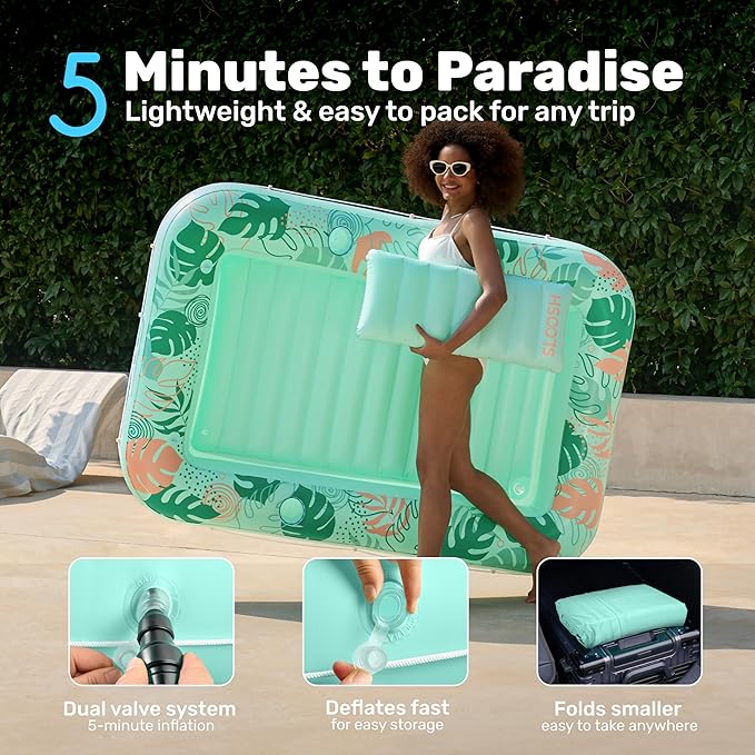 SLOOSH Inflatable Tanning Pool Lounger Float, 70" x 46" Pool Floats Adult with Pillow, 4 in 1 Suntan Tub Raft Floatie,Sunbathing Bed Lounge for Water Blow Up Ball Pit Party Gifts, L-Aqua Blue