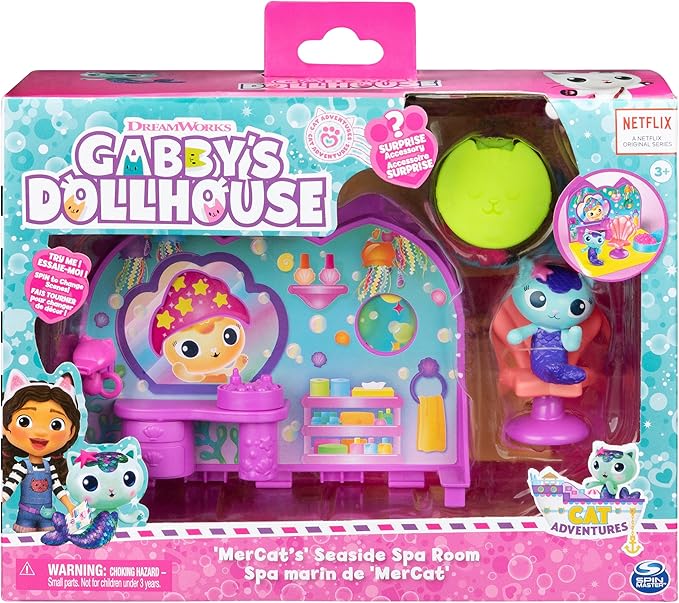 Gabby’s Dollhouse, MerCat’s Spa Room Playset, with MerCat Toy Figure, Surprise Toys and Dollhouse Furniture, Kids Toys for Girls & Boys 3+