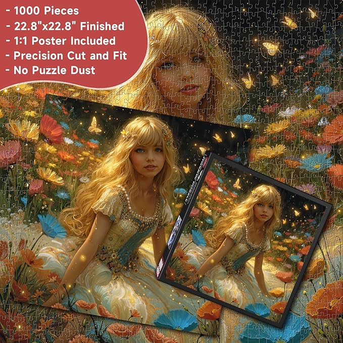 Enchanted Forest Fairy 1000 Piece Jigsaw Puzzle for Adults - Magical Flower Field Scene with Butterflies, Poster & Lettered Back, 22.8" Square HD Quality, Unique Gift for Fantasy & Nature Lovers