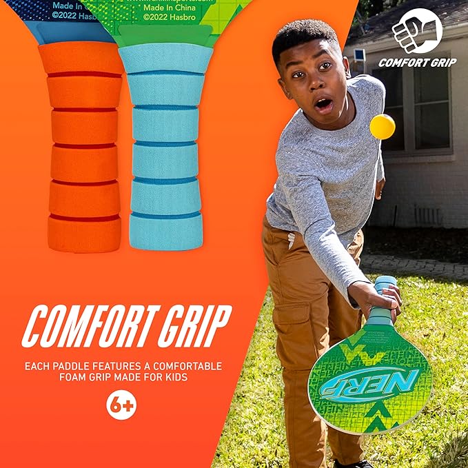 NERF Paddleball Set - Fun Paddleball Beach Game for Adults + Kids - Fun Outdoor Pool + Beach Water Sports Game - Includes (2) Wooden Paddles + (1) NERF Paddle Ball - Complete Set