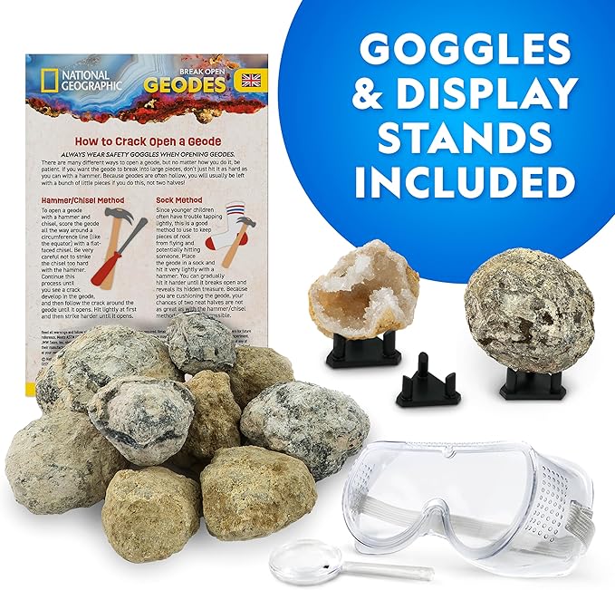 National Geographic Break Open 15 Premium Geodes for Kids - Science Kit with Goggles, Detailed Learning Guide, 3 Display Stands, Great STEM Science Toy & Educational Gift, Easter Basket Stuffers