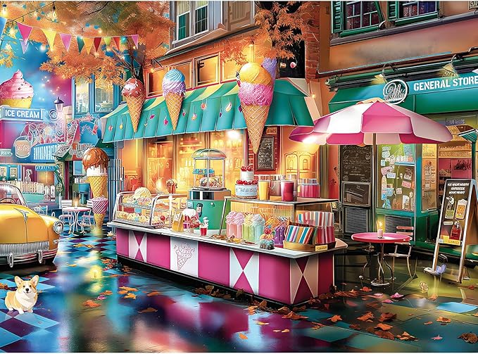 Jigsaw Puzzle, 500 Piece Jigsaw Puzzle for Adults, Spring Street Ice Cream Dog Puzzle, Perfect for Game Nights, Finished Size is 20.5 x 15 in