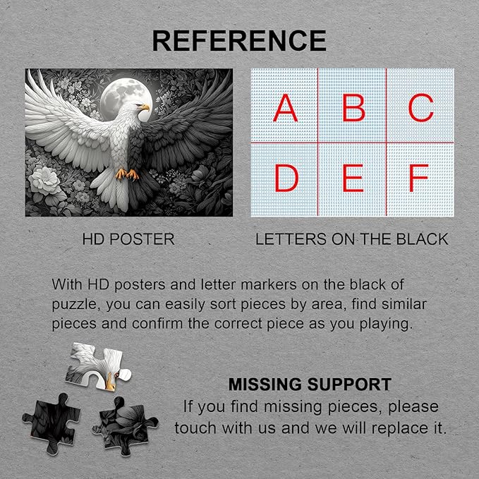 Flower Eagle Puzzles for Adults 1000 Pieces Nature, Magic Bird Black White Art Jigsaw Puzzles, Fantasy Wildlife Moon Impossible Hard Difficult Challenging Puzzle