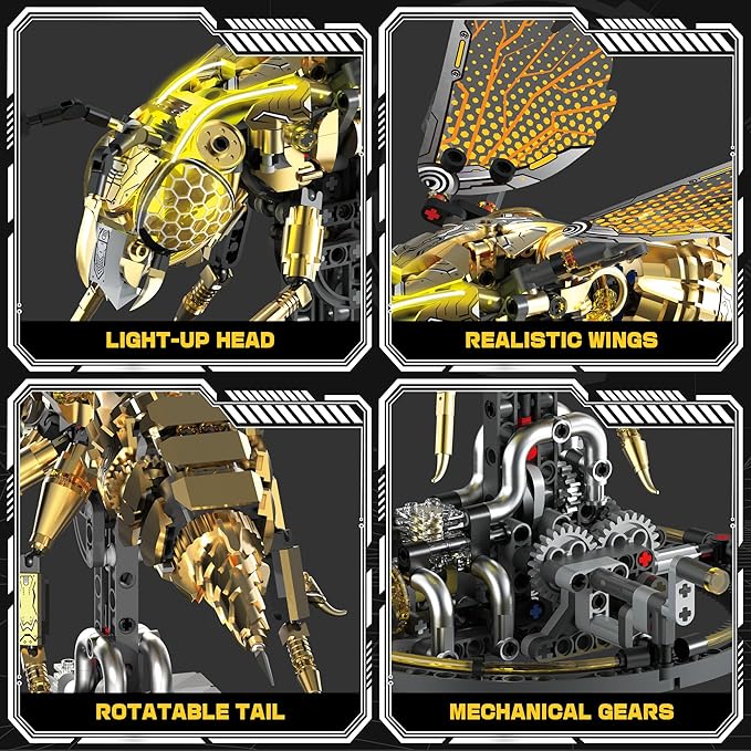 Mechanical Bee Building Set for Adults, Technic Animal Building Block Insect Model with Lights & Moving Wings, Golden Robot Bee Collectible Toy Kit, Creative Display & Gift Idea, 832Pcs
