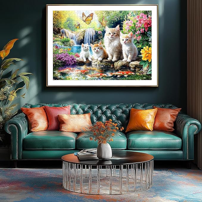 Puzzles for Adults 1000 Pieces, Fun Cats & Koi Fish - Waterfall Scene with Butterflies, Animal Pet Lover Jigsaw Puzzle 1000 Pieces Challenging Perfect for Game Nights (27.5"x19.7")