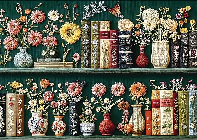 Wildflower Pages Puzzles for Adults 1000 Pieces, Vintage Embroidered Plant Flower Vase Bookshelf Art Jigsaw Puzzle, Gifts for Book Lovers and Garden Enthusiasts (27.5"x19.7")