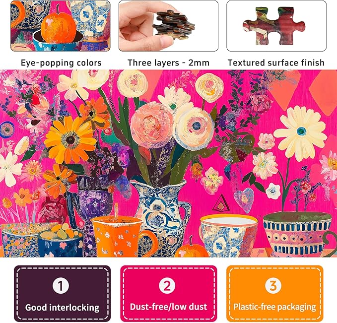 Puzzles for Adults 1000 Pieces - Flowers Art: Difficult Challenging Unique Jigsaw Puzzle for Adults, Gift for Women, 6-Color-Zone on Back Puzzles