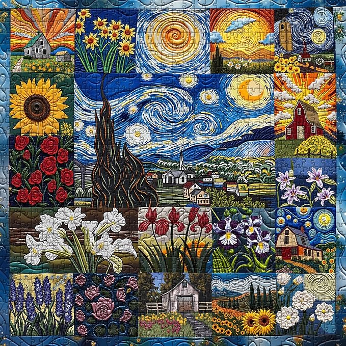 PICKFORU Van Gogh's Rhapsody Puzzles for Adults 1000 Pieces, Starry Night Flower Art Jigsaw Puzzles, Oil Painting Theme as Home Decor