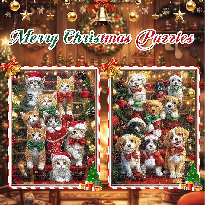 Christmas Puzzles 1000 Pieces, 2-Pack. Sparkling Christmas Vacation Games with Pets - Family Jigsaw for Adults, Fun, Cats & Dogs Scene Wall Art(26.77x19.29 in)