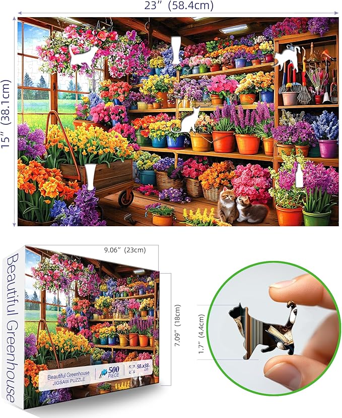 500 Piece Puzzle for Adults, Jigsaw Puzzles with Colorful Flower Garden Shed Scene with Cats, Funny Puzzle, Perfectly Fitting Pieces, Home Decor Birthday Party Gift for Adults Seniors 23"x15"