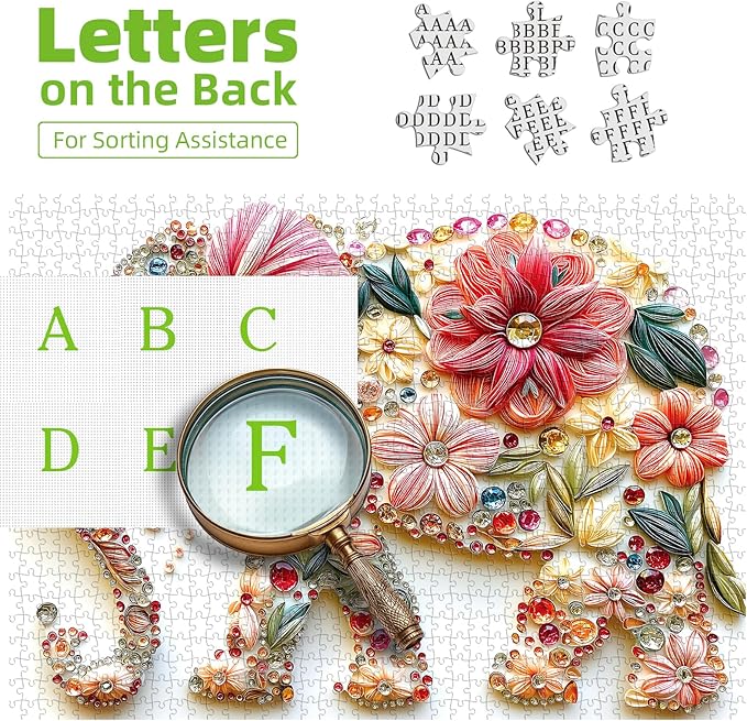 1000 Pieces Puzzle for Adults Cute Colorful Elephant with Flowers Crystal Jewelry Embroidery Design Animal Jigsaw Puzzles with Letters on Back Challenging Adult Puzzles for Game Night (27.6"x19.7")