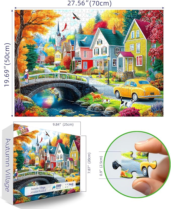 MINIWAN Cozy Autumn Small Town River Puzzles for Adults 1000 Pieces, Colorful Fall Village Houses Bridge Dog Jigsaw Puzzle, Gift for Landscape & Countryside Lovers 27.5x19.7 Inch