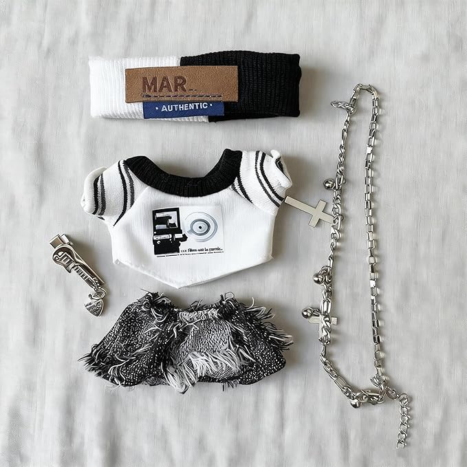 17cm Dolls Clothes, 5-Piece Set Fashion Dress Up Doll Outift Accessories with T Shirt, Pants, Headband, Necklace, Brooch for Dolls