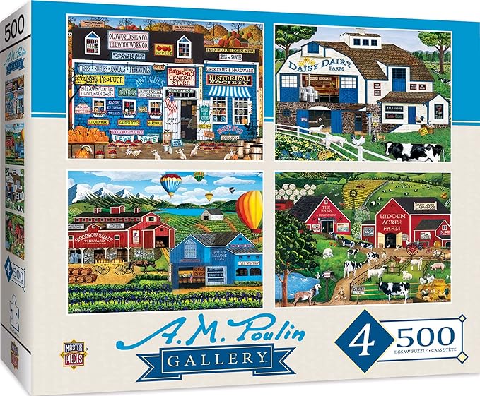 MasterPieces 2000 Piece Jigsaw Puzzle for Adults, Family, Or Youth - Fun Folk Art Am Poulin 4-Pack - 14"x19"