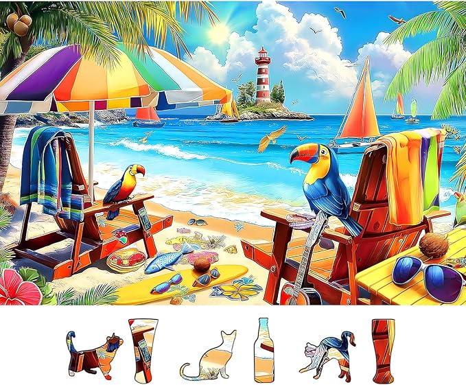 MINIWAN 500 Piece Puzzles for Adults - Tropical Beach Toucan Jigsaw Puzzle, 23x15 Inches with Unique Irregular Shaped Pieces for Relaxation & Home Wall Decor