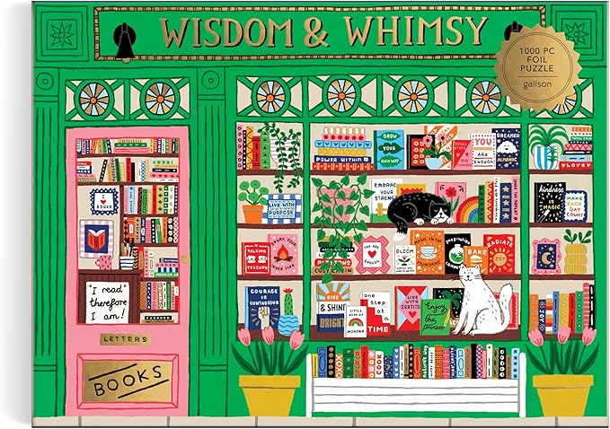 Galison Wisdom & Whimsy – 1000 Piece Foil Jigsaw Puzzle Featuring Beautiful Artwork of A Bookshop Scene