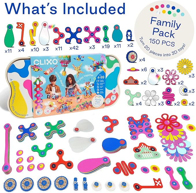Clixo Mega Pack – 150-Piece Flexible Magnetic Building Toy for Creative Family Play | STEAM Learning, Open-Ended Play. Perfect for Collaborative Fun, Travel, and Educational Bonding. Ages 4+