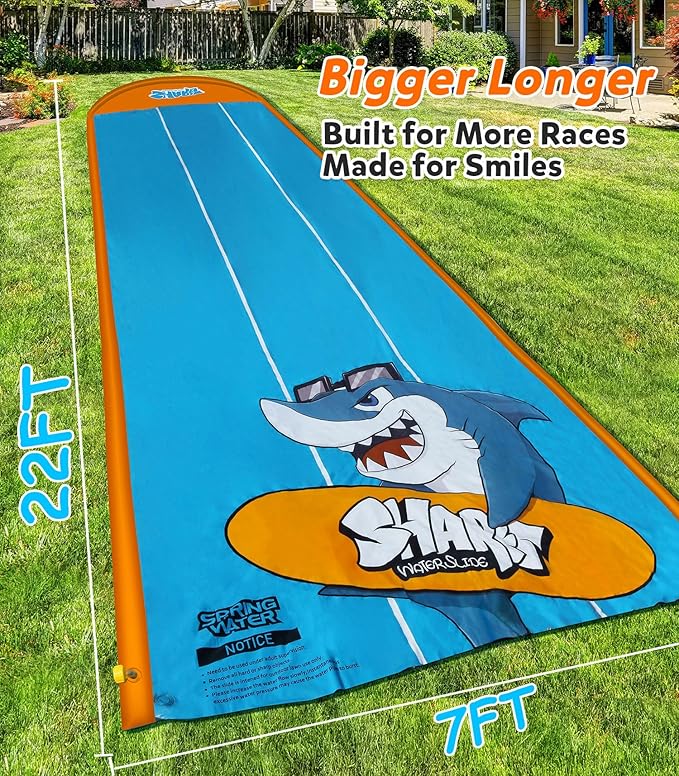 Spring Water Slip and Water Slide for Kids Backyard, 22ft*3 Racing Lanes Slip Water Slides with Sprinkler for Age 5-8 8-12, Summer Outdoor Water Toy with 3 Inflatable Bodyboards