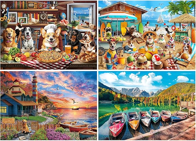 BenBen 1000 Piece Puzzle for Adults, 4 Pack Jigsaw Puzzles with Letters or Patterns on Back, Dogs' Dinner Party, Dogs on Vacation, Sunset Seaside, Fusine Lake Themes
