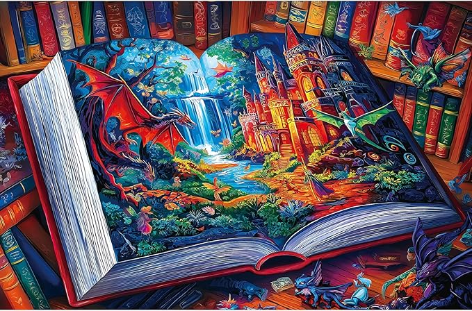 300 Piece Puzzle for Adults Fantasy Dragon Library Jigsaw Puzzle Magical Book Art with Dragon, Castle & WaterfallBook Inside Colorful Fairy Tale World Adult Puzzles for Family & Seniors