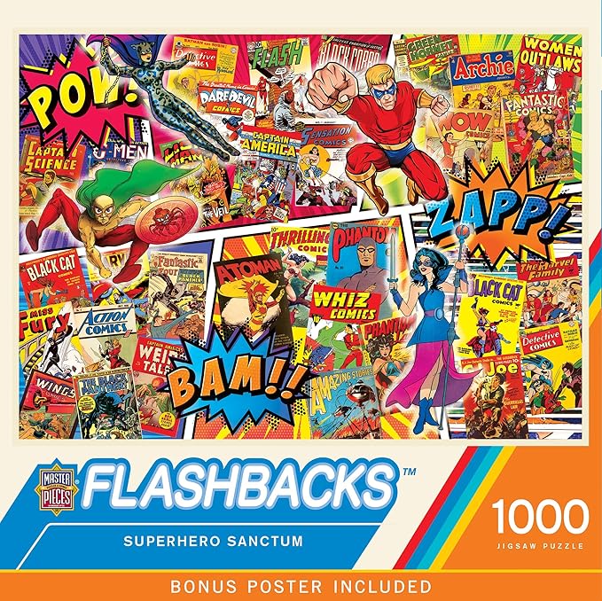 MasterPieces 1000 Piece Collage Jigsaw Puzzle for Adults - Superhero Sanctum - Fun Vintage Comic Book Covers - 19.25"x26.75"