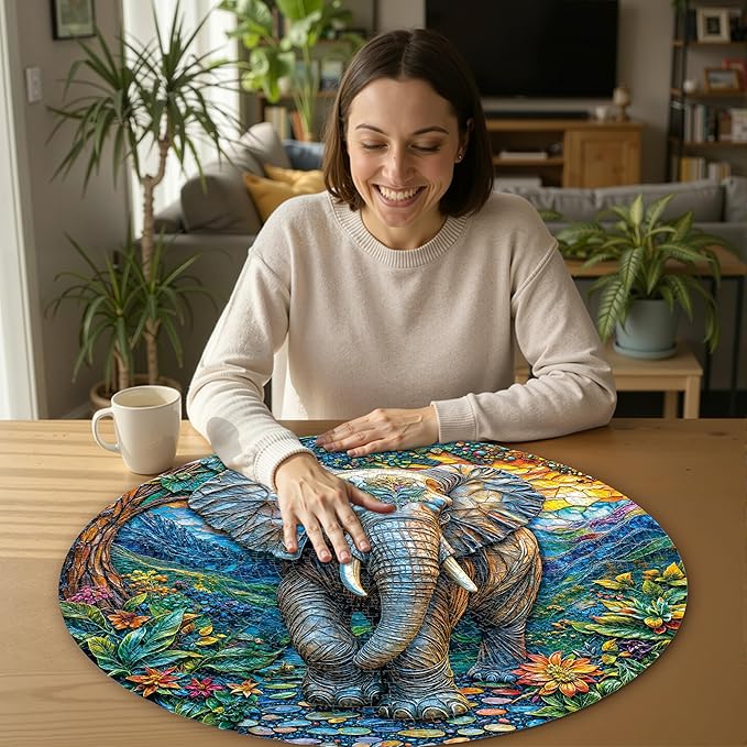 Round Jigsaw Puzzle 1000 Pieces - Majestic Elephant Art Design - 26.6" Circular Challenge, Wildlife Jungle Scene, Mindful Stress Relief Gift for Adults & Teens