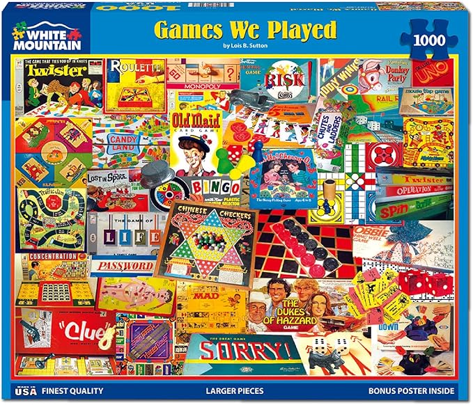 White Mountain 1000 Piece Jigsaw Puzzle Nostalgic Board Games Collage Puzzles with Large Pieces Gift for Adults and Family 24"x30" - The Games We Played