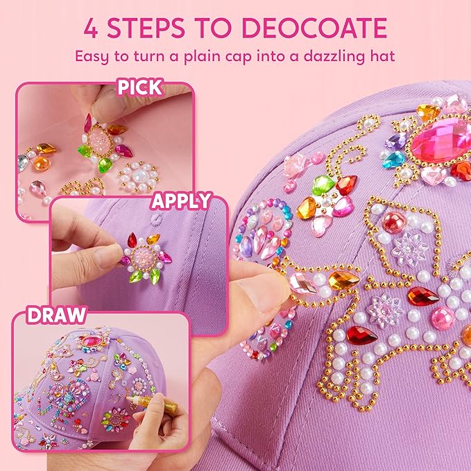 Klever Kits Gem Hat Kit for Girls, Decorate Your Own Baseball Cap with Gems Stickers, DIY Craft Kits for Kids Girls Toys Age 6-8