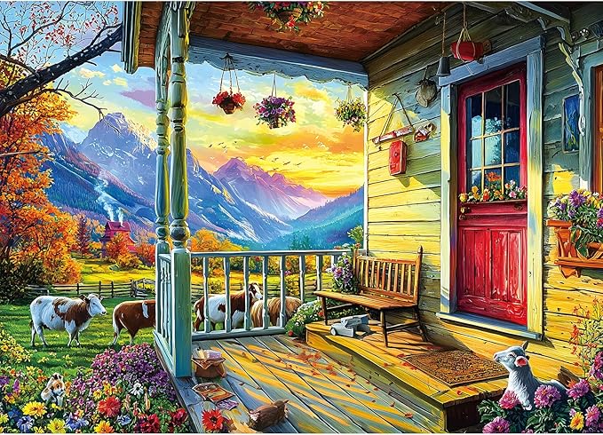Puzzles for Adults 1000 Pieces, Country Life - Autumn Porch with Animals Puzzles for Adults, Mountain Scene Jigsaw Puzzle 1000 Pieces, Gift for Adult Jigsaw Puzzles Lovers, 27.5 x 19.7 inch