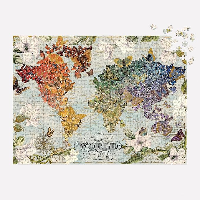 Galison Winged Metamorphosis – 1000 Piece Wendy Gold FOIL Jigsaw Puzzle Featuring Beautiful Artwork of A Butterfly Inspired World Map
