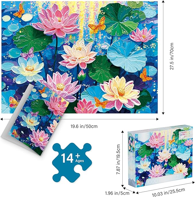Puzzles for Adults 1000 Pieces - Colorful Dreamy Lotus, Acrylic Painting Impasto Flowers Adults Puzzles, Letter on Back No Dust, Matte Finish Aesthetic Lotus Puzzles Home Decor Birthday Gifts Games