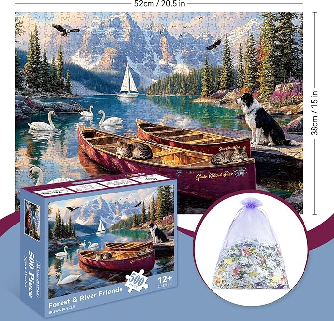 500 Piece Puzzle for Adults – Swan, Cat and Dog on Boat at National Park Lake Nature Jigsaw Puzzle, Challenging Perfect for Game Nights, 20.5 X 15 in