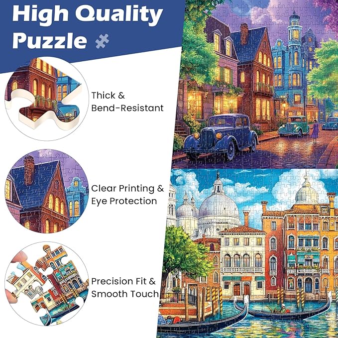 2 Pack 500 Pieces Puzzle for Adults,Venice Building Jigsaw Puzzles 500 Pieces City Night Puzzles for Adult Puzzles No Dust Colorful Premium Cardboard Puzzle Games Family Activity Great Gift