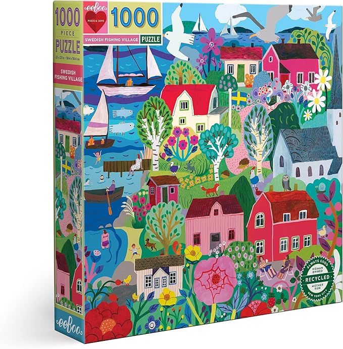 eeBoo 1000 Piece Puzzle - Swedish Fishing Village Jigsaw Puzzle for Adults, Square 23" x 23" Made with Recycled Board & Vegetable-Based Ink