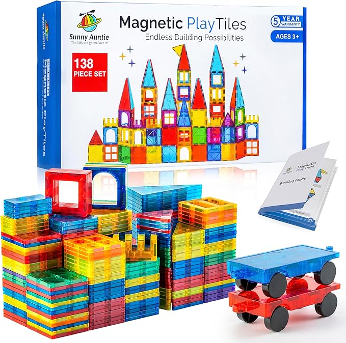 Magnetic Tiles 138 PCS XL Set with Storage Bag – Magnetic Building Tiles for Kids Ages 3-8, STEM Magnet Construction Toy for Boys & Girls